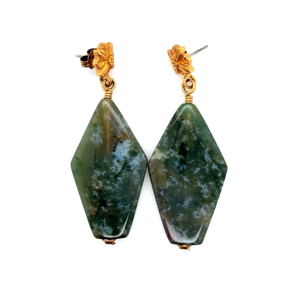 Stephen Dweck Gold Flower Green Stone Dangle Earrings‎